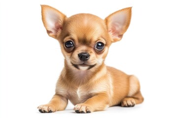 A small tan chihuahua puppy with big ears lying down and looking at the camera on a white background