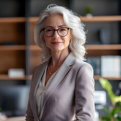Elegant Mature Happy Woman Posing for Professional Portrait in Modern Office – Confident Older Lady Business Style