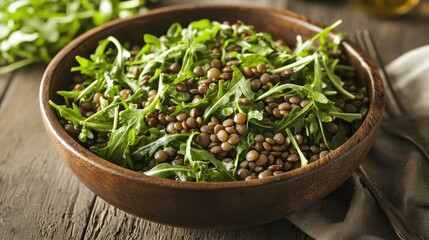 A fresh salad featuring arugula and lentils served in a wooden bowl, perfect for a healthy meal.