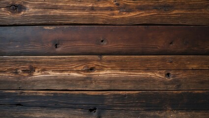 Vintage brown wood texture background featuring knots and nail holes. Old wooden wall with paint. Abstract brown background. Dark horizontal vintage wooden boards. Front-facing view with space for ...