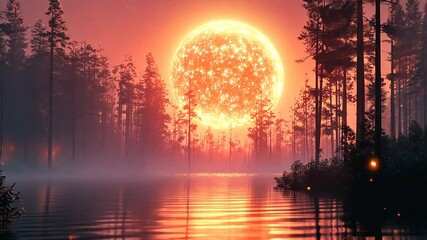 Glowing orb sets over misty forest lake - Powered by Adobe