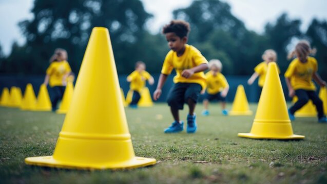 Sports training camp equipment for kids. Young athletes at practice camp. Children at training obstacle course.