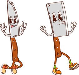 Cartoon groovy kitchen hatchet and knife characters. Retro y2k kitchenware and utensil personages. Isolated vector cutting tools dancing with hands up and a big smile, exuding happiness and rejoice
