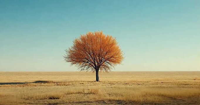 A lone tree with golden leaves stands in a vast, empty field beneath a serene blue sky.