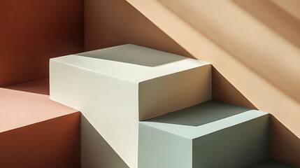 Three pastel cubes on steps, sunlight.