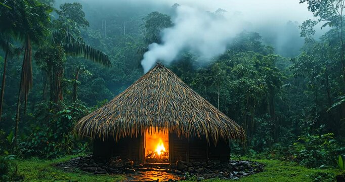 A cozy hut in a tropical jungle with a fire burning inside, smoke billowing from the roof.