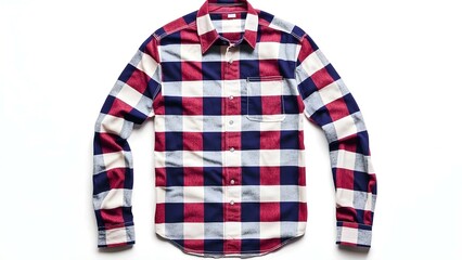 A long-sleeve plaid shirt featuring a mix of red, white, and blue checkered patterns. Concept Plaid Shirt Design, Red-White-Blue Color Scheme, Long-Sleeve Fashion, Casual Style