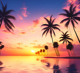 Palms silhouettes at neon sunset sky.Night landscape with palm trees on beach. Creative trendy summer tropical background,Vacation travel Retro,synthwave,retrowave style.Rave party,generative ai