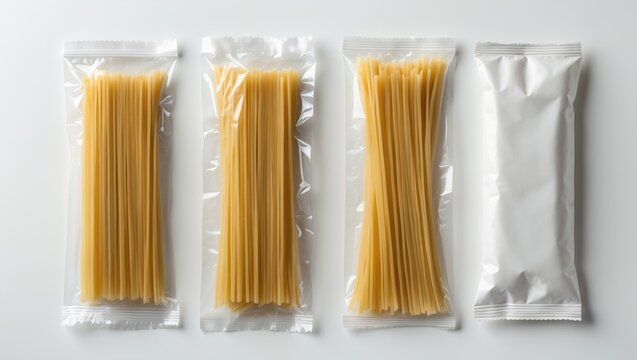 Spaghetti pasta in clear plastic bag packaging, isolated on a white background.