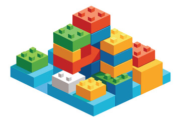 Obraz premium A vibrant arrangement of building blocks in multiple colors, positioned on a blue base, showcasing creativity and fun on a sunny afternoon.