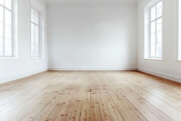 Naklejka premium Bright empty room with wooden floor and white walls illuminated by natural light from windows on sides