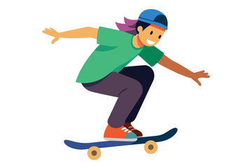 A joyful skateboarder, wearing a cap and casual clothes, showcases impressive skills while riding a skateboard in a lively urban environment.