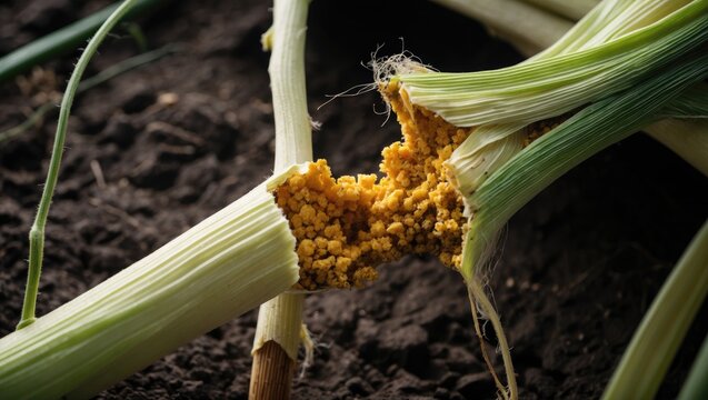 Infestation of pumpkin vine by squash vine borers