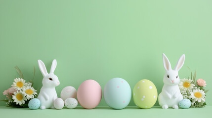 Colorful pale green pastel style Easter Eggs and bunnies flat lay graphic banner with copyspace