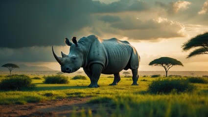 Fototapeta premium Southern white rhinoceros in lush savannah; Species Ceratotherium simum simum, family Rhinocerotidae.