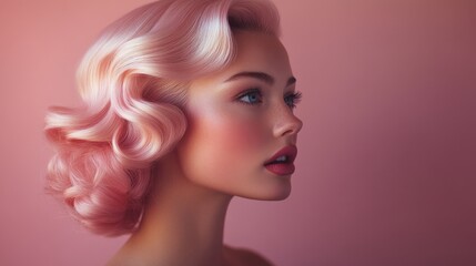 Fashion model posing with stylish pink hairstyle on pink background