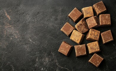 A pile of assorted chocolate squares rests on a textured black surface, showcasing various shades and finishes of chocolate.