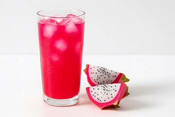 Commercial-style image of a glass of fresh pink dragon fruit juice with ice, condensation, and pitaya slices. Clean white background with soft shadows and bright lighting. Refreshing and tropical.