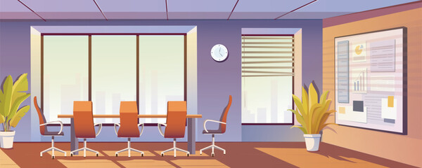 Conference room interior background banner for game design. Meeting boardroom with desk and chairs, presentation board, bis windows. Office for coworking and brainstorming. Vector cartoon illustration © alexdndz