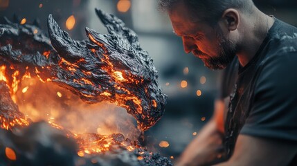 A man is looking at a fiery dragon sculpture in awe