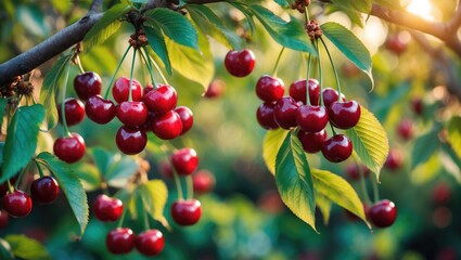 Fototapeta premium Sour cherries in the orchard. Sour cherry fruits hanging on a branch of a tree. Ingredients for jam or juice.
