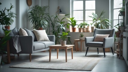 Fototapeta premium Sofa, tables, and houseplants beside a wall in the living room's interior.