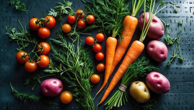 Spices, herbs, and fresh vegetables for cooking arranged on a dark metal surface with space for text. A top view of healthy food ingredients.