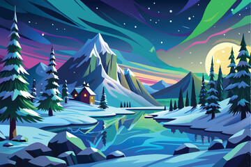 A tranquil winter scene features majestic mountains illuminated by colorful northern lights, a cozy cabin nestled near a frozen lake, and tall evergreen trees.