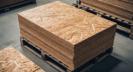 Stack of oriented strand board in a pile. Rectangular building material resting on a pallet in a hardware store. Concept of building materials.