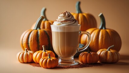 Spice pumpkin latte in a glass surrounded by pumpkins, with space for text, viewed from above.