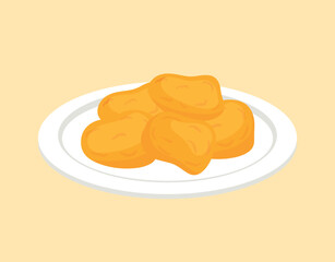 Chicken Nuggets on White Plate Fast Food Icon in Cute Cartoon Hand Drawn Vector Illustration