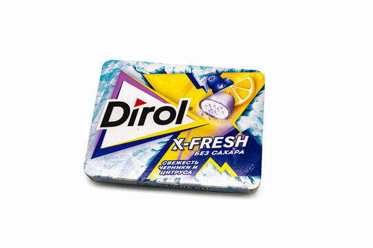 Dirol X-Fresh chewing gum package on a white background. Label in Russian as freshness blueberry and citrus flavor - California, USA - April 4, 2025