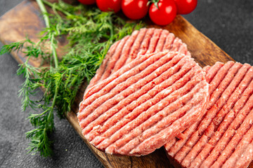 Raw meat cutlet pork beef meat dish organic fresh tasty gourmet food background on the table rustic...