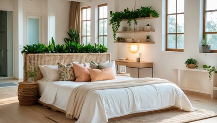 Fototapeta premium Staged bedroom interior featuring wooden floors, bright spacious areas with clean decor, crisp linens, bedding, throw pillows, and a scenic view.