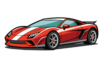 Naklejka premium A vibrant red sports car with distinctive white racing stripes is displayed in a contemporary garage, highlighting its aerodynamic shape and dynamic colors in the afternoon light.