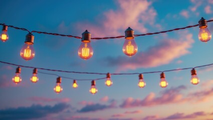 string wired bulbs against an evening blue sky