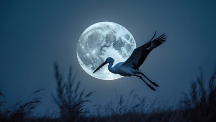 Stork soars in front of a full moon over a pampas grass field, depicting a tranquil scene that showcases the ethereal beauty of nature beneath the night sky. Mystical essence of the night.
