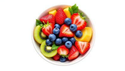 A vibrant bowl of fresh, colorful fruits. This inviting arrangement of strawberries, blueberries, kiwi and mangoes in a bowl, captures the essence of healthy eating. 