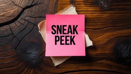 Ripped torn paper piece displaying a sneak peek message on a wooden background. Conceptual symbol for a sneak peek. Space for text.