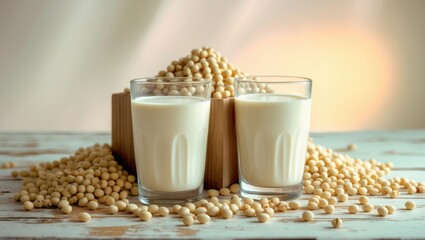 Soy milk in a glass placed on a wooden surface. A container of soybeans is visible in the background.