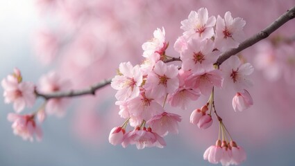 Obraz premium Soft pastel hues, stunning cherry blossoms in full bloom transitioning into pastel pink sakura flowers, representing the spring season.