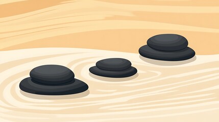 Three stacks of smooth black stones in a zen garden.