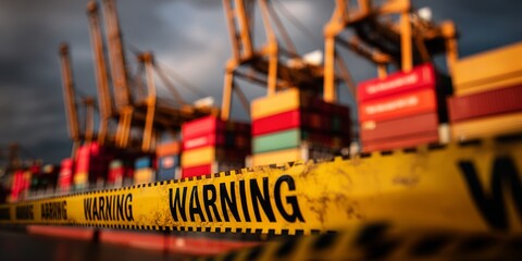 Warning tape blocking access to a shipping port with stacked cargo containers in the background. Conceptual image representing U.S. import tariffs, trade restrictions, or supply chain disruption.