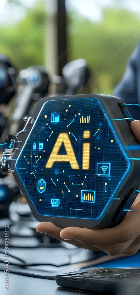 Poster futuristic hexagonal device displaying ai technology with glowing blue interface and golden letters,
