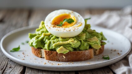 Smashed avocado toast topped with a poached egg featuring a flowing yolk and basil leaves.