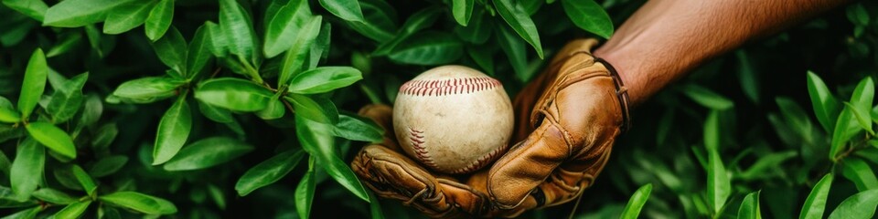 Retro Baseball Nostalgia Vintage Leather Glove Holding Classic Ball Against Lush Green Foliage - Sports Heritage and Timeless Americana Marketing Imagery