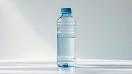 Small plastic water bottle on a white background, isolated.
