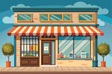 A quaint storefront features a colorful striped awning and potted plants beside the entrance, showcasing an inviting atmosphere on a bright, clear day.