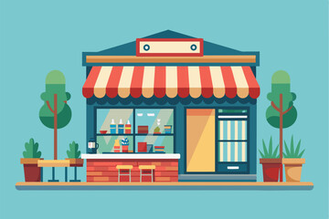 The small shop features a colorful striped awning, a bright window display filled with items, and neatly arranged plants outside, creating an inviting atmosphere.