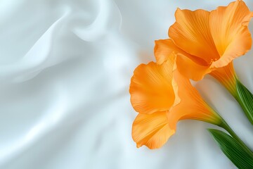 Fototapeta premium Orange gladiolus flowers with delicate petals against soft white silk fabric background creating elegant minimalist composition for wedding and romantic designs.